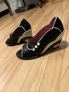 John Fluevog Black and White Peep-Toe Wedge Heels
